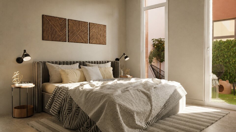 Melette 5 — living e cucina con parquet a spina italiana