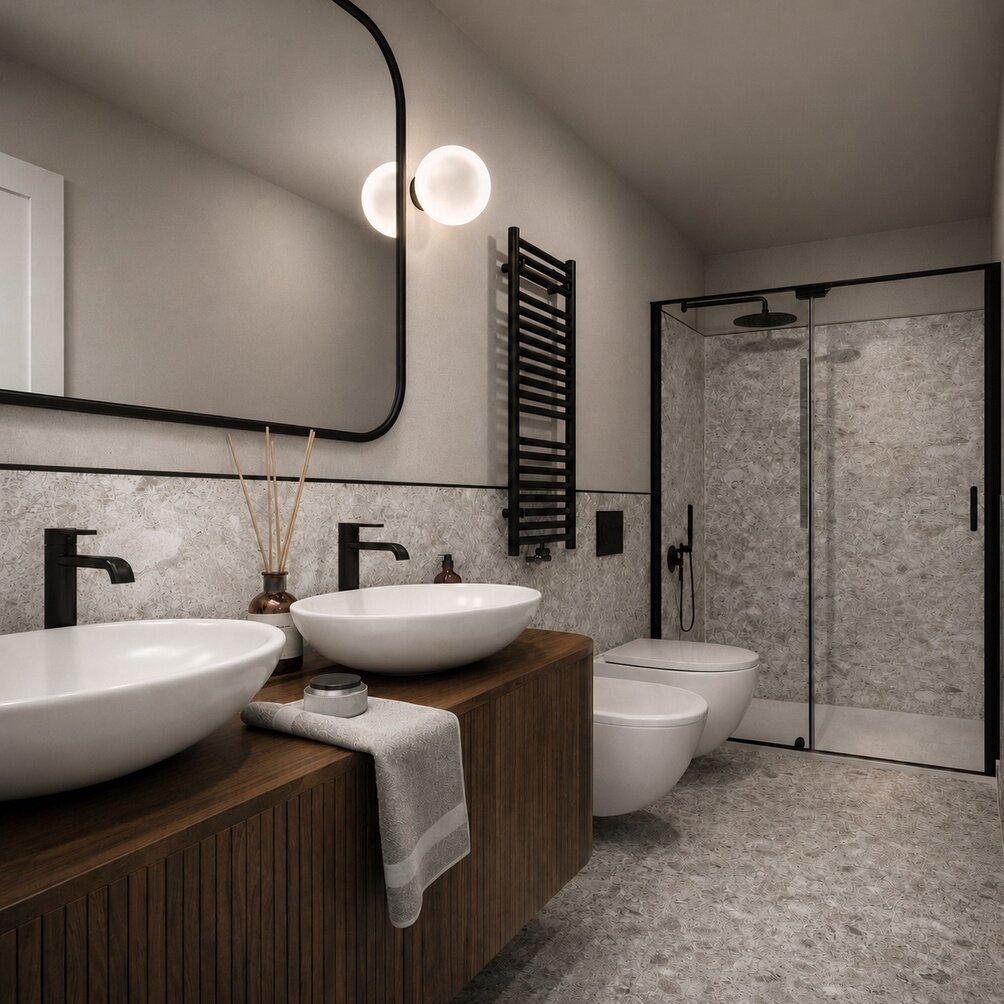Melette 5 — bagno con finiture di pregio in ceppo di Grè
